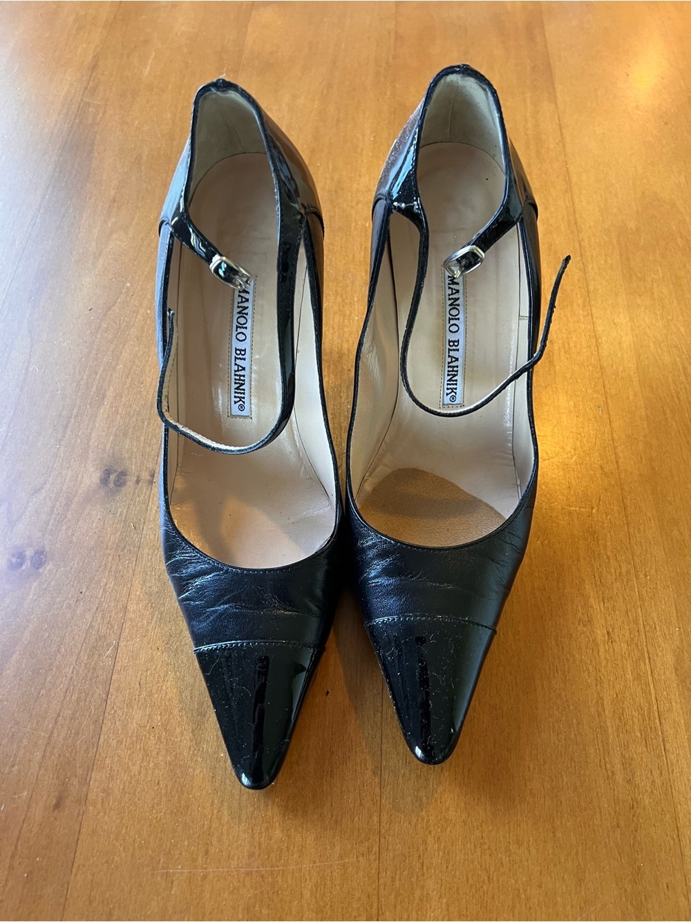 Manolo Blahnik Black Patent-Tip Mary Jane Pointed Heels